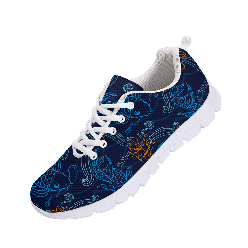 Second image of Outline Blue Fishes And Orange Flower On Dark Blue Background Design Running Shoes Sport Sneakers