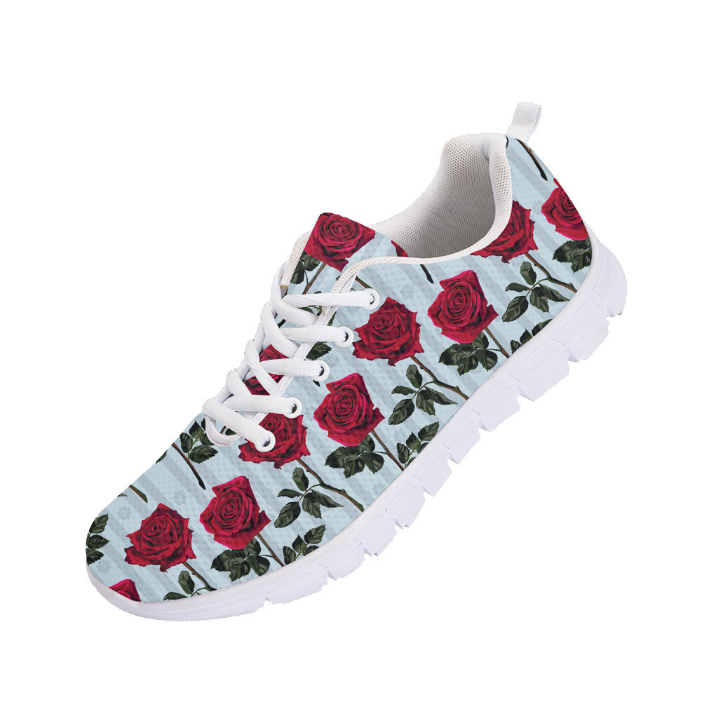 Second image of Pattern Of Red Flowers Roses And Leaves On Striped Background Running Shoes Sport Sneakers