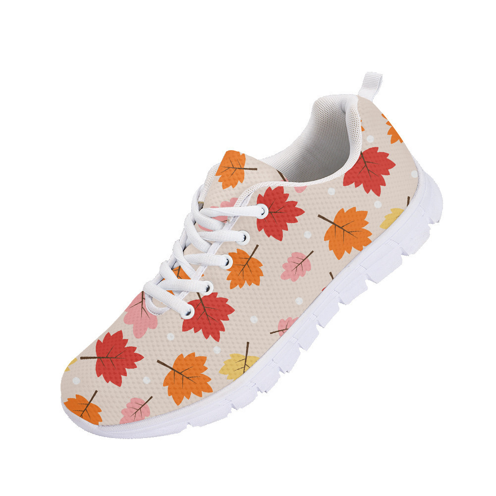 Second image of Pastel Pink Red And Orange Maple Leaves Pattern Running Shoes Sport Sneakers
