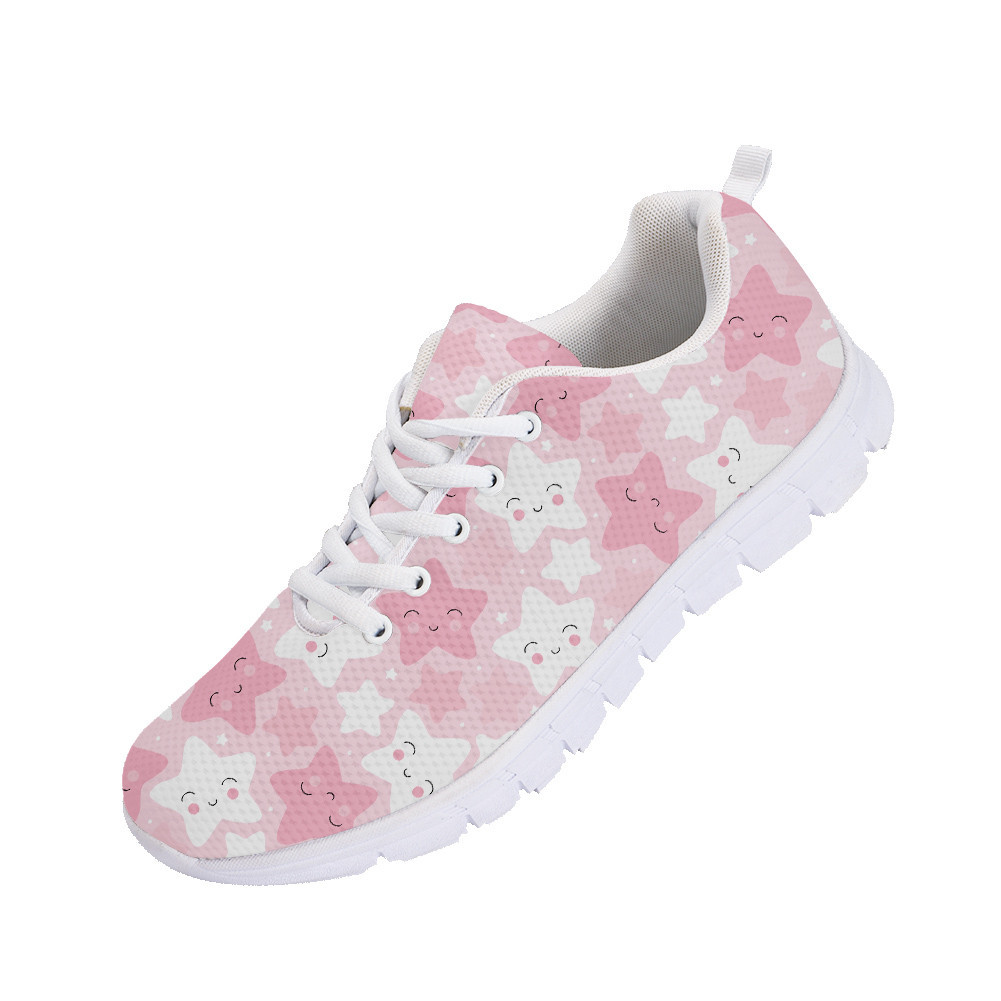 Second image of Pastel Pink And White Star Smiling Faces Pattern Running Shoes Sport Sneakers