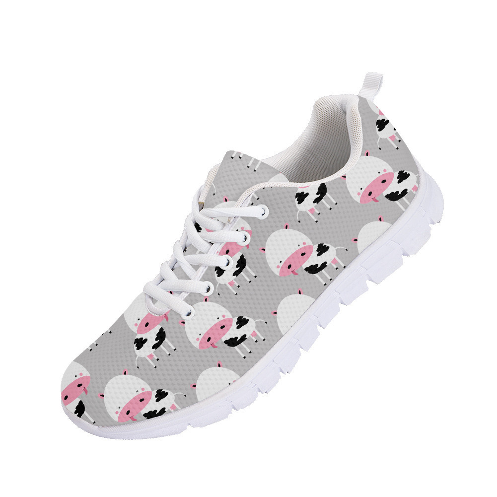 Second image of Pink Cartoon Face Of Cow On Yellow Running Shoes Sport Sneakers