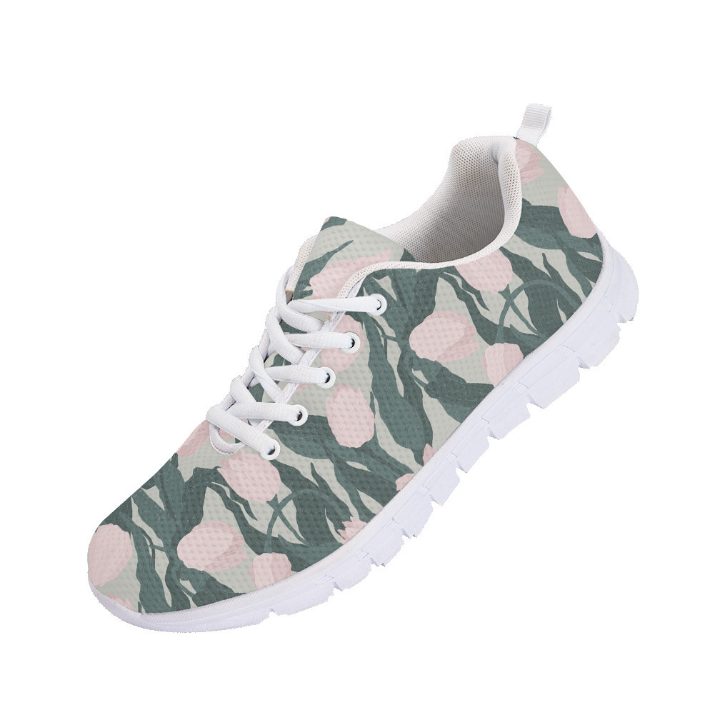 Second image of Pastel Pink Tulip Flowers On Light Green Background Sketch Pattern Running Shoes Sport Sneakers