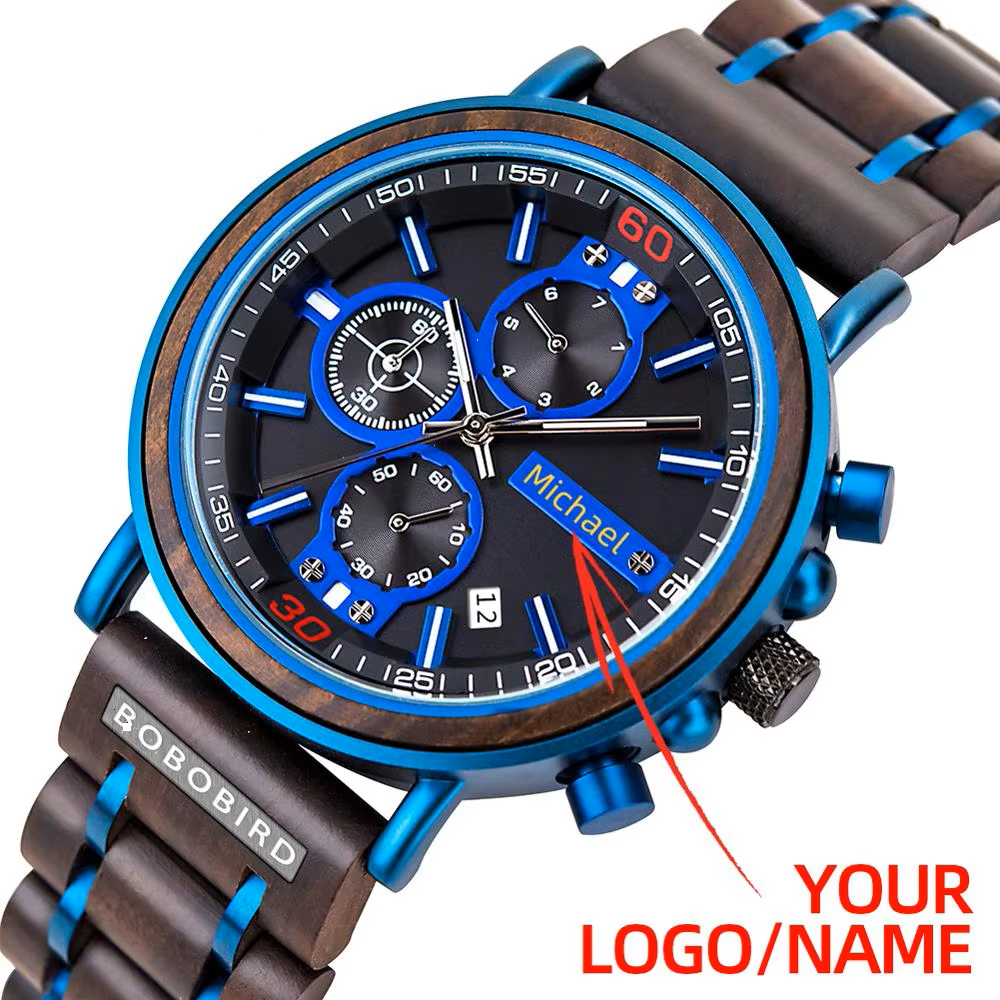 Personalized Men Wood Watches Male Fashion Calendar Stopwatch Customize logo Name Timepiece Quartz Wrist Watches 40mm