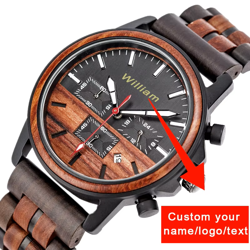 Personalized Engrave Logo Wood Watches for Mens Private Custom Timer Luxury Chronograph Wristwatch Male Auto Date 40mm